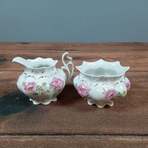 Vintage MZ Austria Porcelain Creamer and Sugar Bowl Set Pink Roses Gold Trim